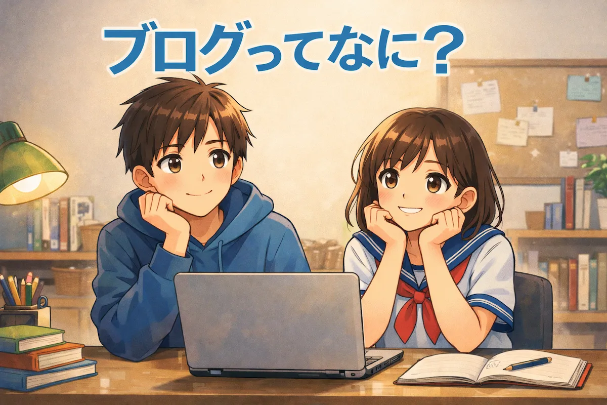 ブログに興味を持った10代がPCで調べているアイキャッチイラスト