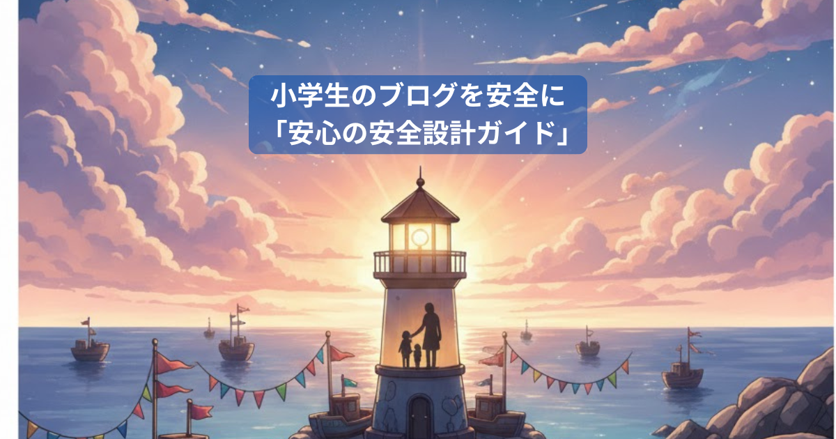 夕暮れの静かな港で、灯台から海を照らす親子のシルエット。周囲には小さな船が浮かび、星空と三日月が輝く幻想的な風景。