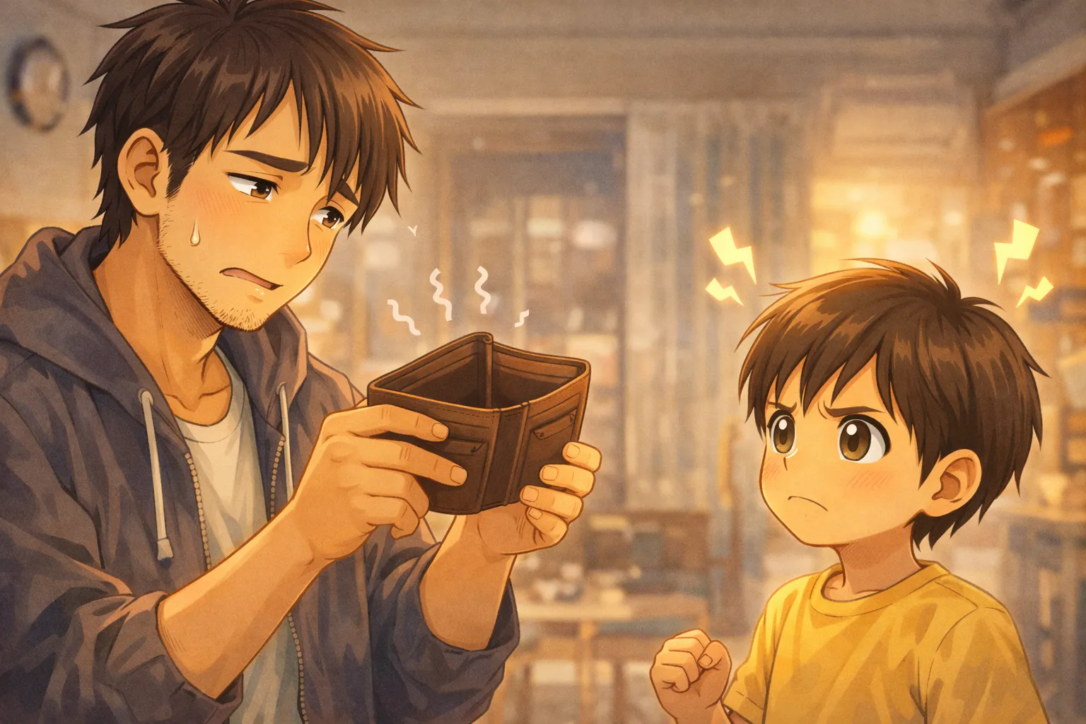 ユーフォーキャッチャーを巡って子どもと交渉する父親のイメージイラスト