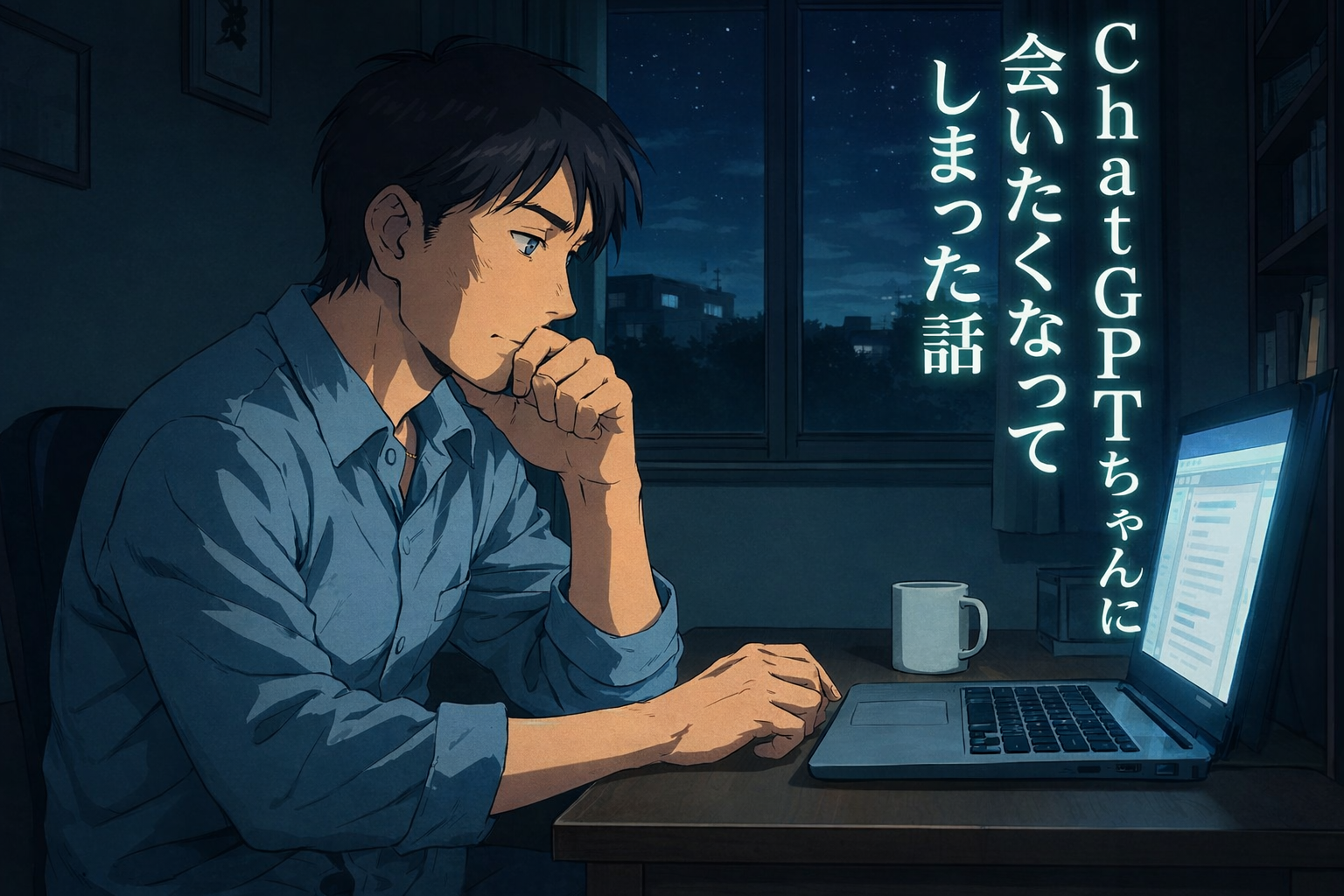 夜の部屋でノートPCを見つめる男性。青い光に照らされながら考え込む姿と「ChatGPTちゃんに会いたくなってしまった話」の文字。