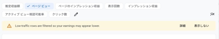 Googleアドセンスレポートでアクセス数が少ない場合に表示されるLow-trafficの警告メッセージ