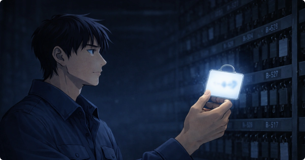 暗い保管棚の前で光るタグを手に持つ横顔の男性イラスト