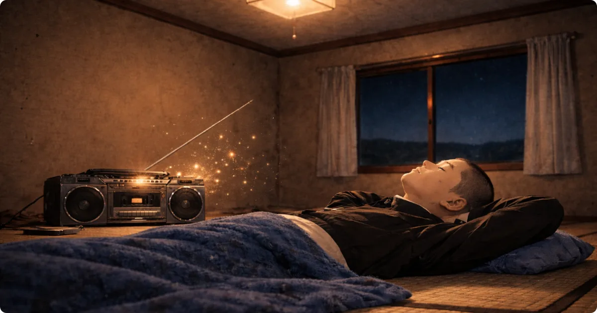 深夜、畳の部屋でAMラジオを聴く丸刈りの中学生。90年代、電離層を越えて届く深夜ラジオに耳を澄ませた世代の記憶。