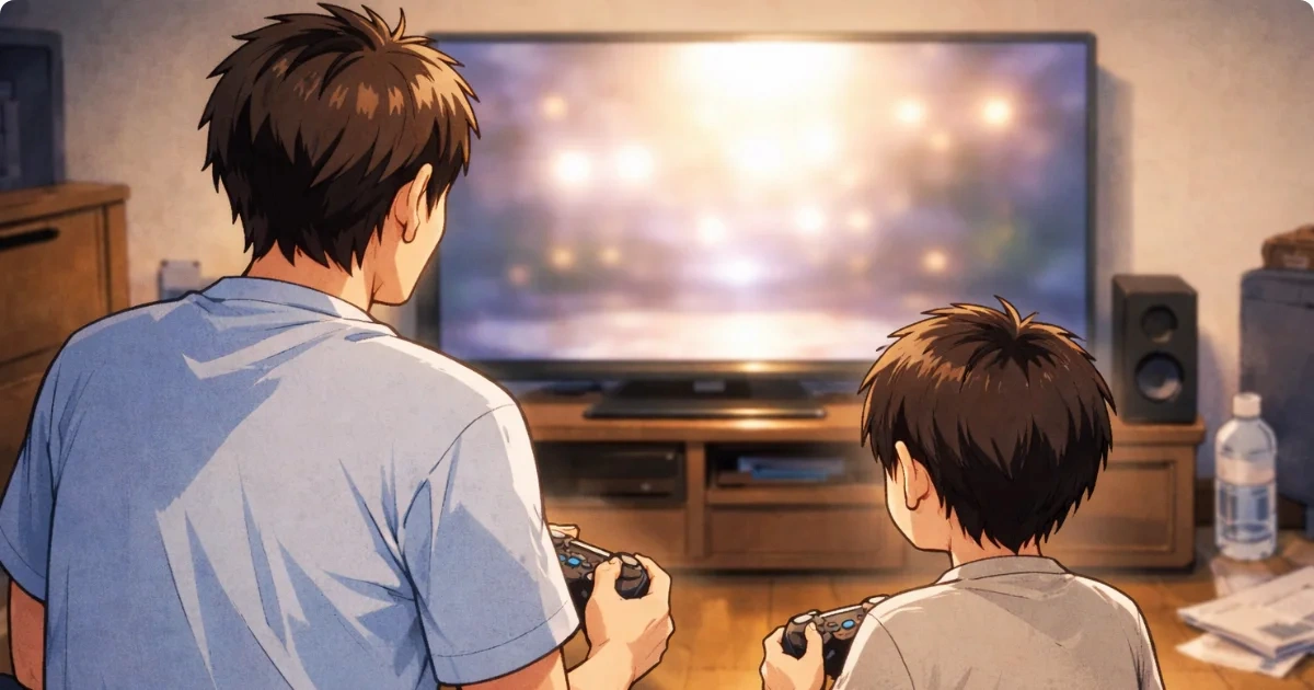 出勤前にリビングでゲームに向き合う父と息子の後ろ姿