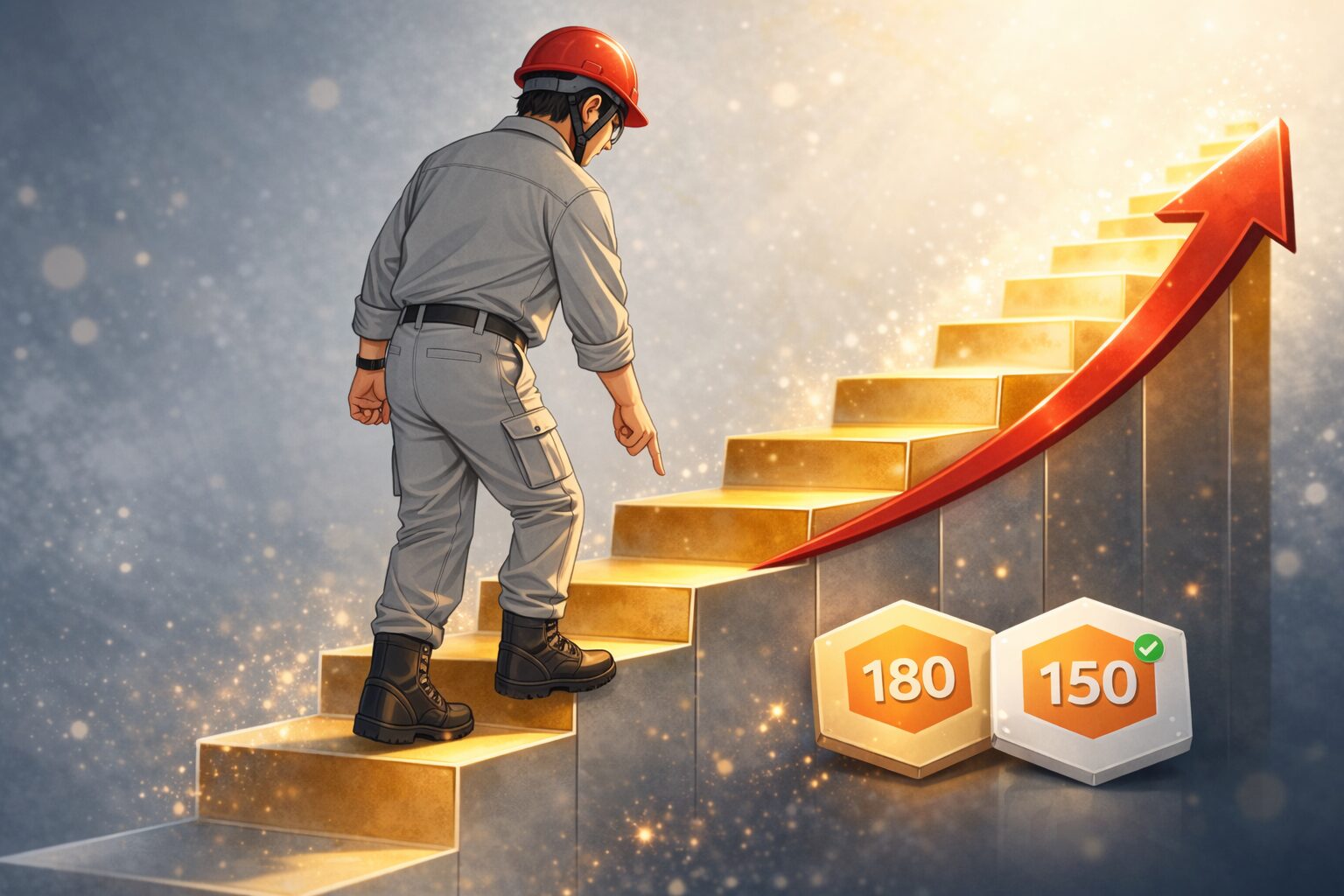 検索クリック数の成長を階段に見立てて安全確認しながら登る作業員のイメージ