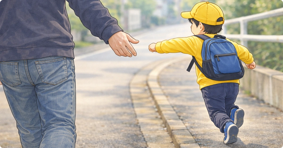 Father reaching out as child runs away on the way home from daycare