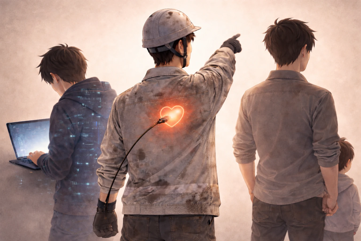 工場で働きながらブログを書く父のイメージ