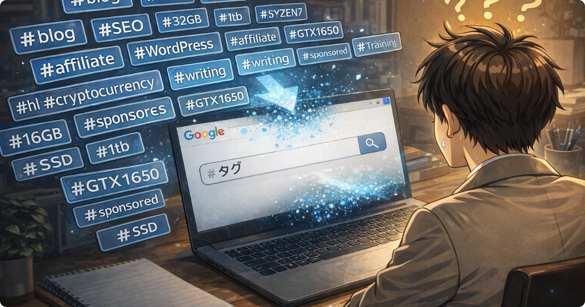 ブログのタグを大量に設定すればGoogle検索に強くなると思っていた過去の勘違いを表現した漫画風イラスト