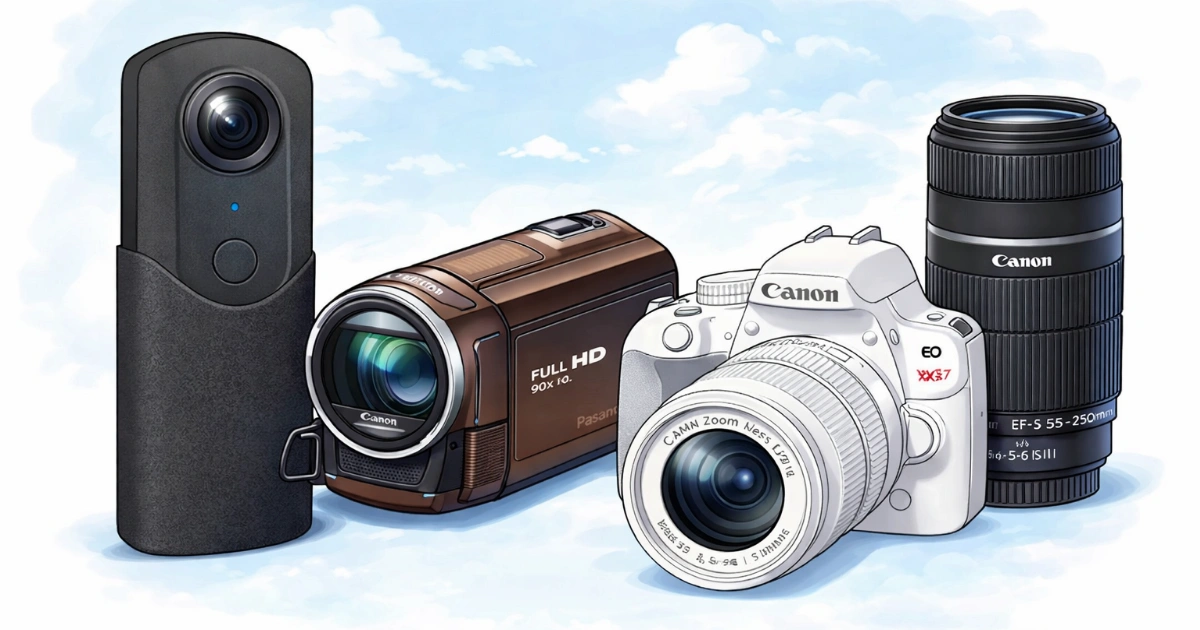 家族の成長を記録してきたカメラとビデオ機材のイラスト（シータV・ビデオカメラ・一眼レフ・望遠レンズ）