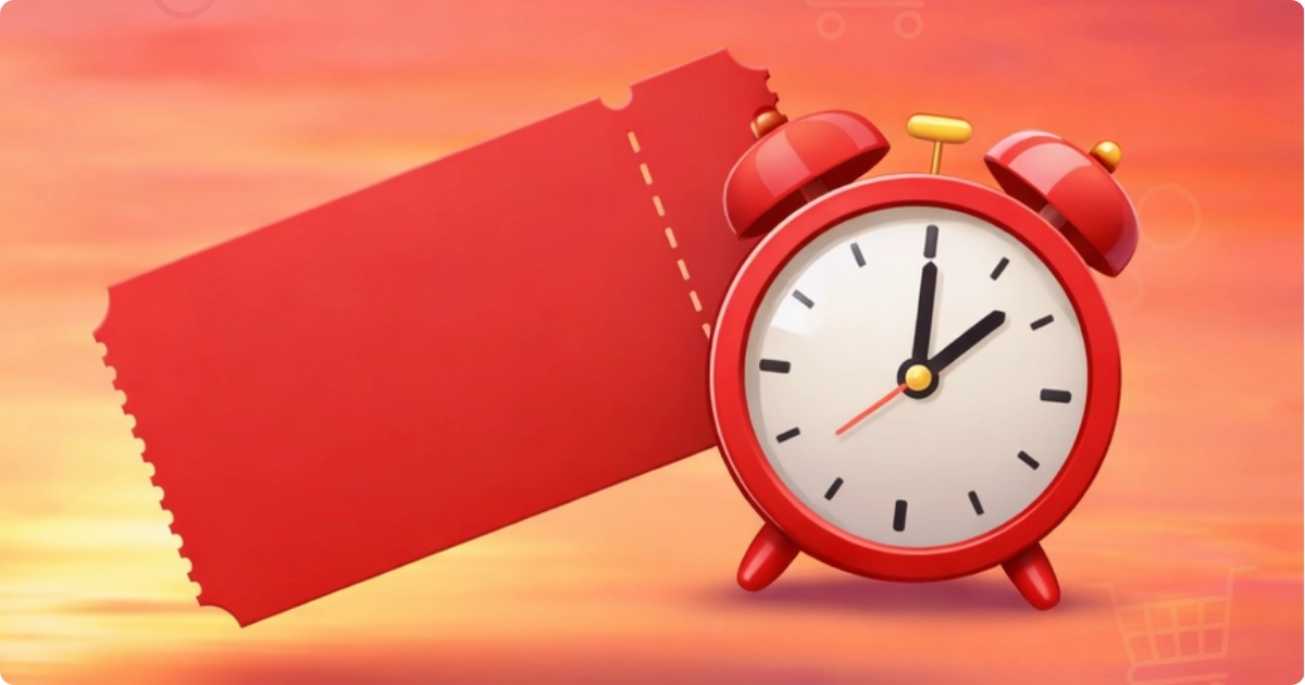 夕焼けの背景に赤いチケットと目覚まし時計を配置したカタログチケット期限間近のイメージ