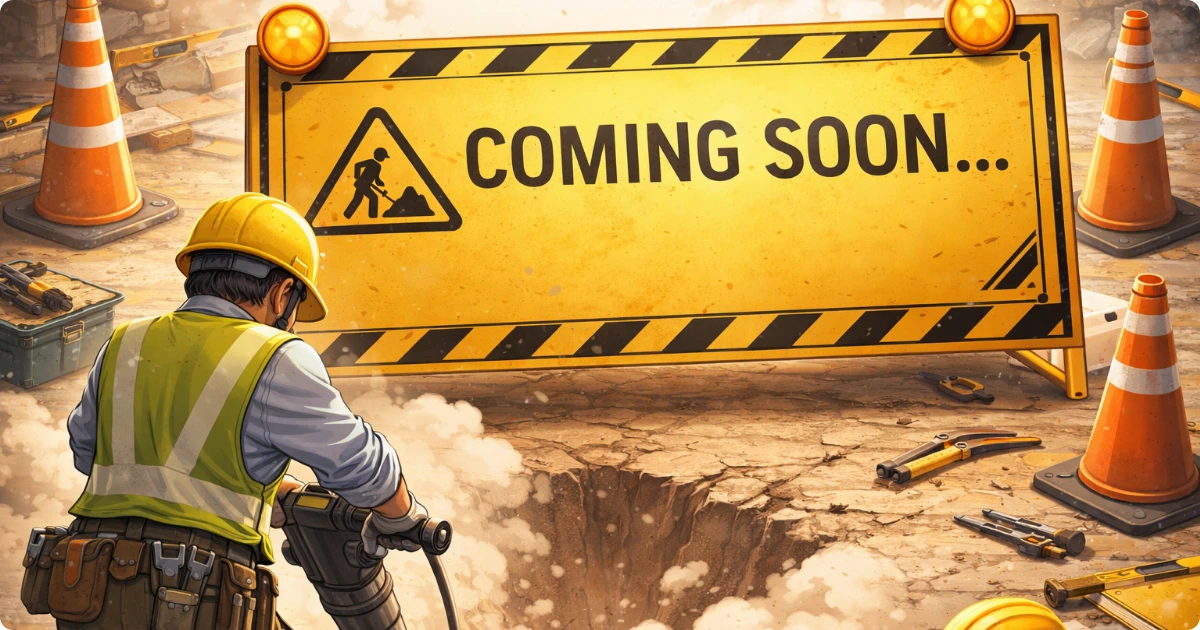 A construction scene where a truck is filling a hole, with a "COMING SOON..." sign indicating a blog eyecatch is in progress