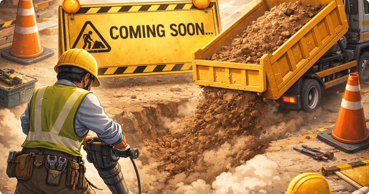 トラックが穴を埋めている工事現場で「COMING SOON…」の看板が設置されているアイキャッチ用イラスト