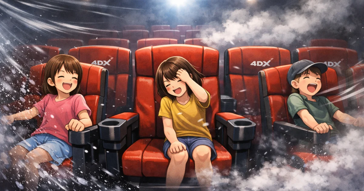 4DX映画館の赤い座席で子どもたちが映画の水しぶきや風の演出を体験している様子