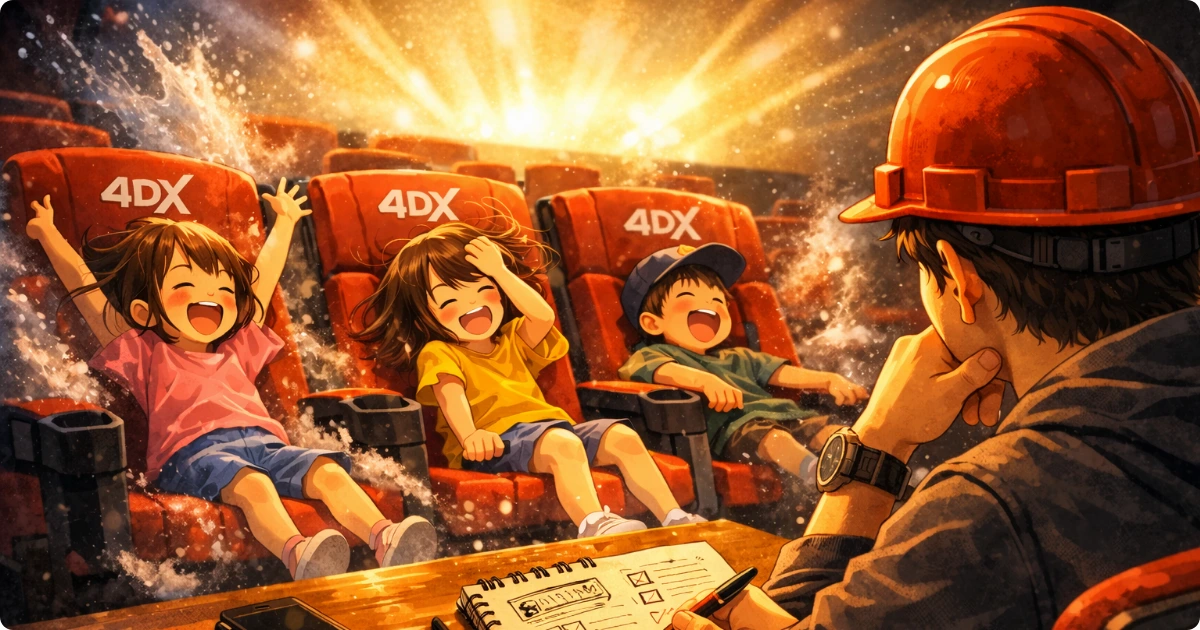 4DX映画を楽しむ子どもたちを親目線で観察しているイメージ