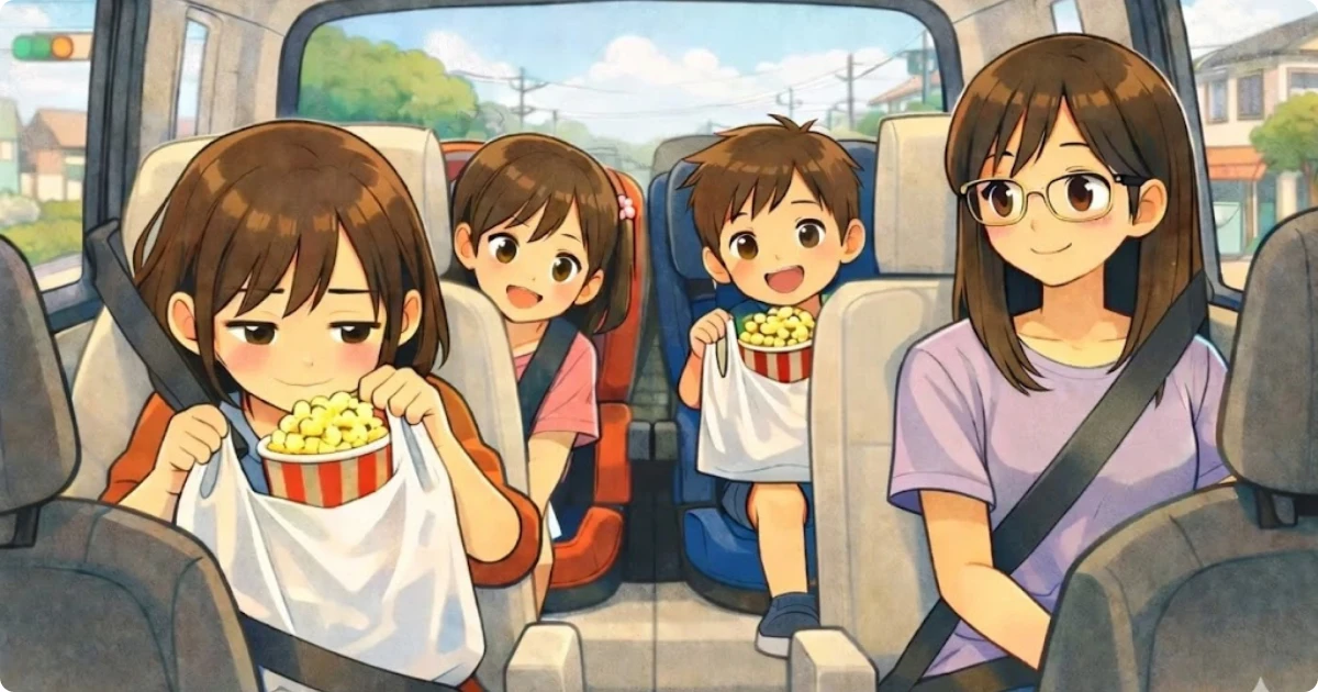 車内でポップコーンを食べる3人の子供たちと、笑顔で運転するお母さんのイラスト。ドラえもん4DX映画の帰りの幸せな家族の風景。