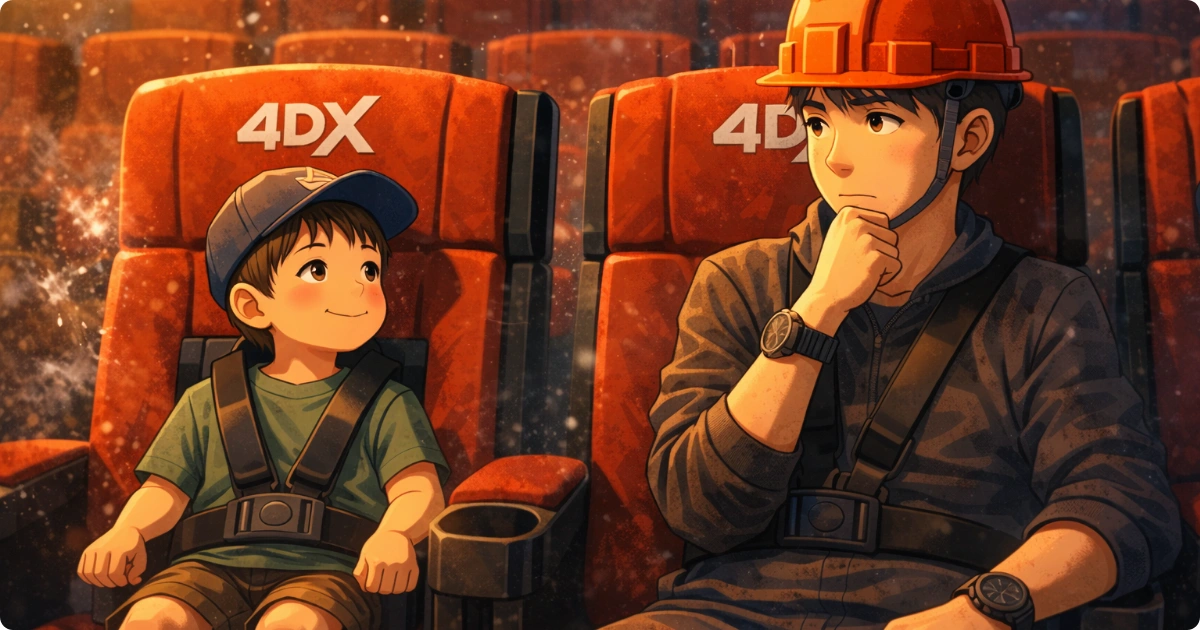 4DX映画館で中央右寄りの席に座る父と年長の男の子が映画体験を楽しむ様子