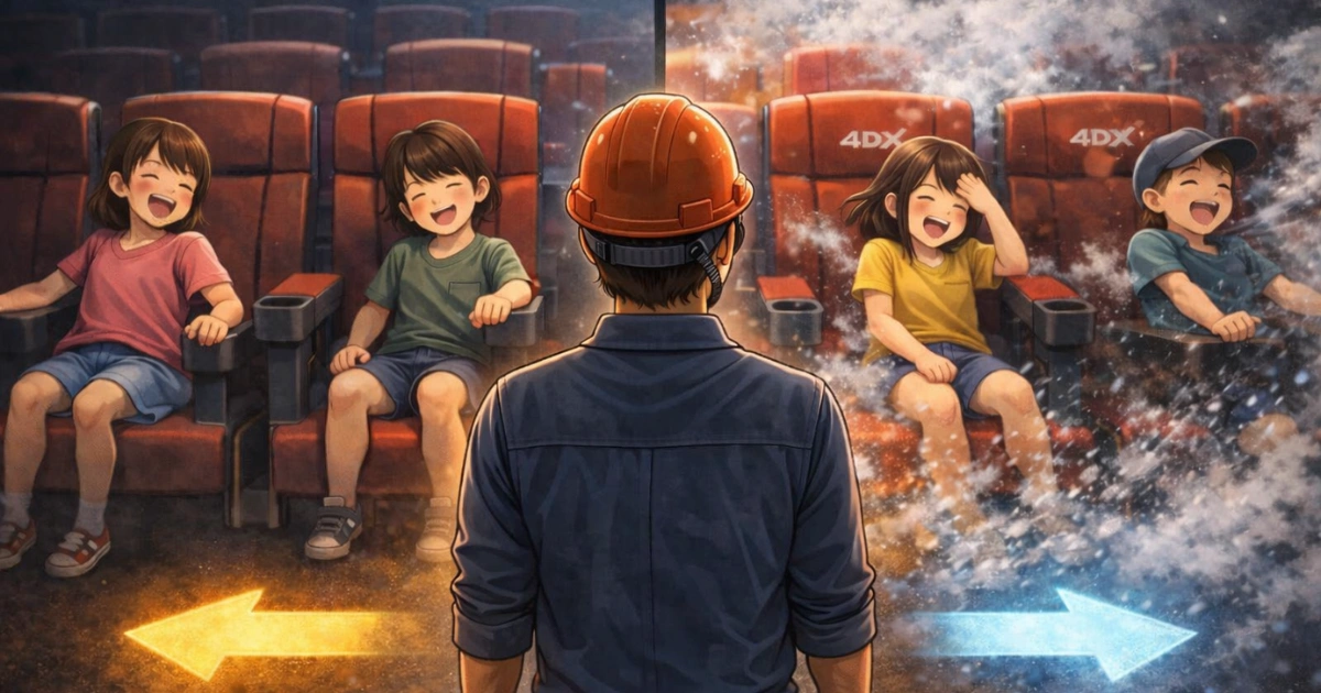 ドラえもん映画の通常上映と4DX上映を家族視点で比較したイメージ