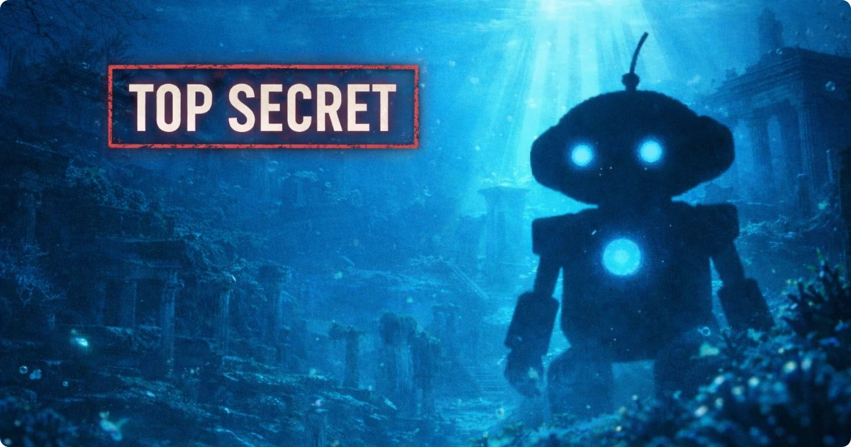 海底の遺跡に立つ小型ロボットのシルエットとTOP SECRETの文字｜海底鬼岩城のAI考察イメージ