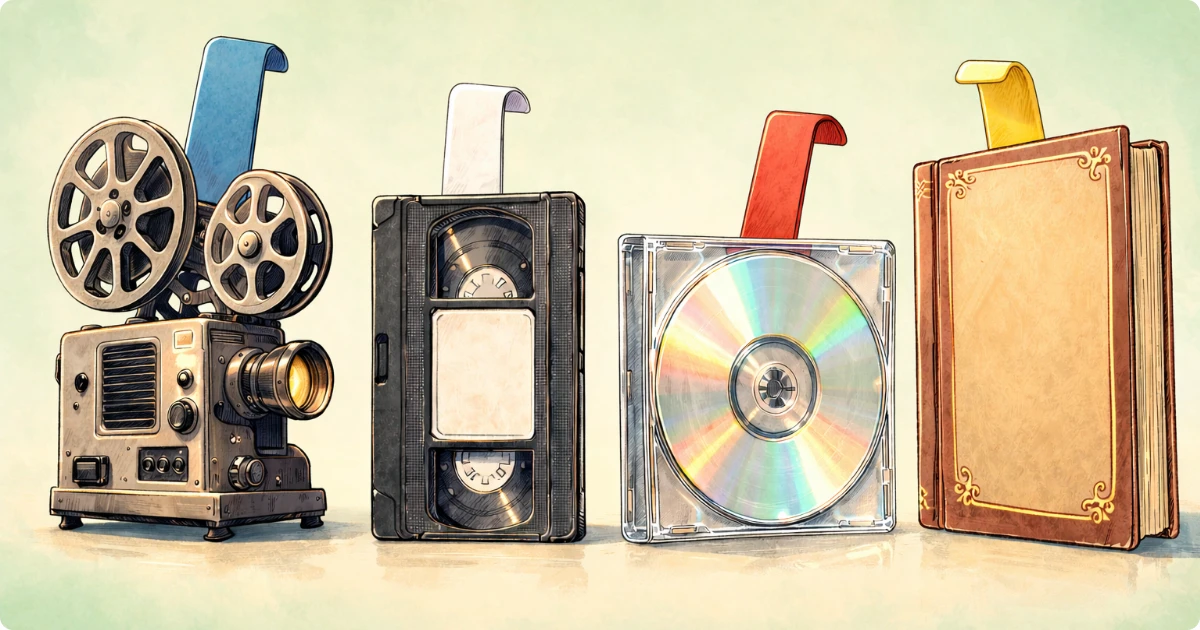 ドラえもん映画の思い出を表した映写機・VHS・CD・本のインデックスイラスト