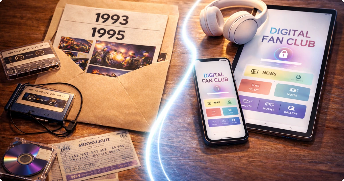 1990年代のアナログファンクラブ（封筒・カセット・MD）と現代のデジタルファンクラブ（スマホ・タブレット・ワイヤレスヘッドフォン）の対比
