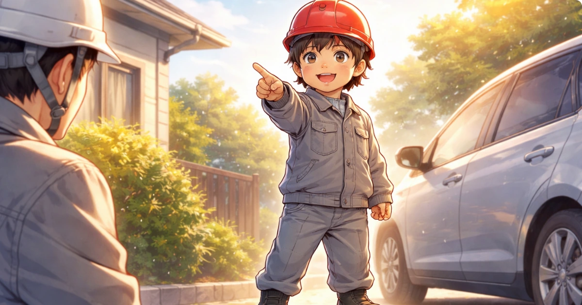 赤いヘルメットをかぶった6歳の子どもが踏み台に乗り安全確認の指差しをする様子