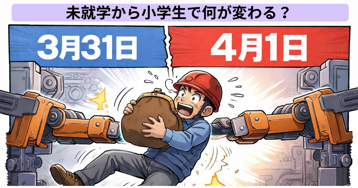 3月31日から4月1日への変化を工場の機械に押される男性で表現し、財布を抱えて抵抗している漫画風イラスト