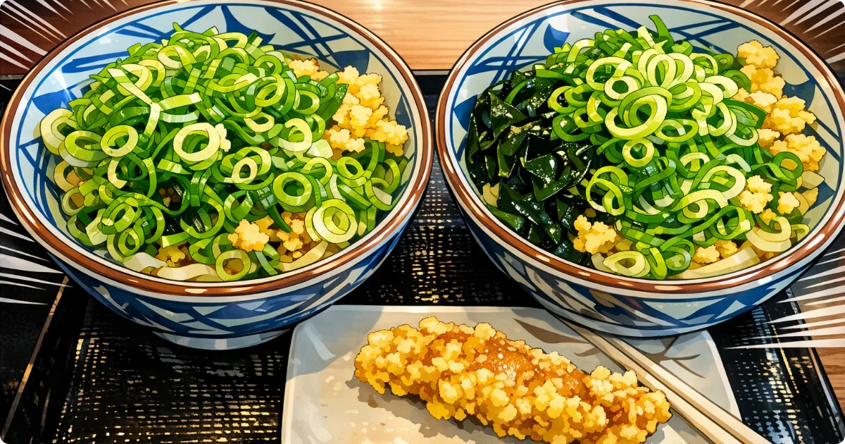 丸亀製麺のぶっかけうどん2杯とねぎたっぷり、無料クーポンで交換したかしわ天の写真