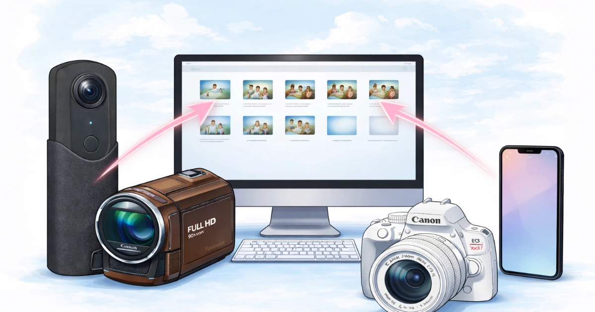 入園・入学準備で使ったカメラとビデオ機材からパソコンにデータを保存するイメージ