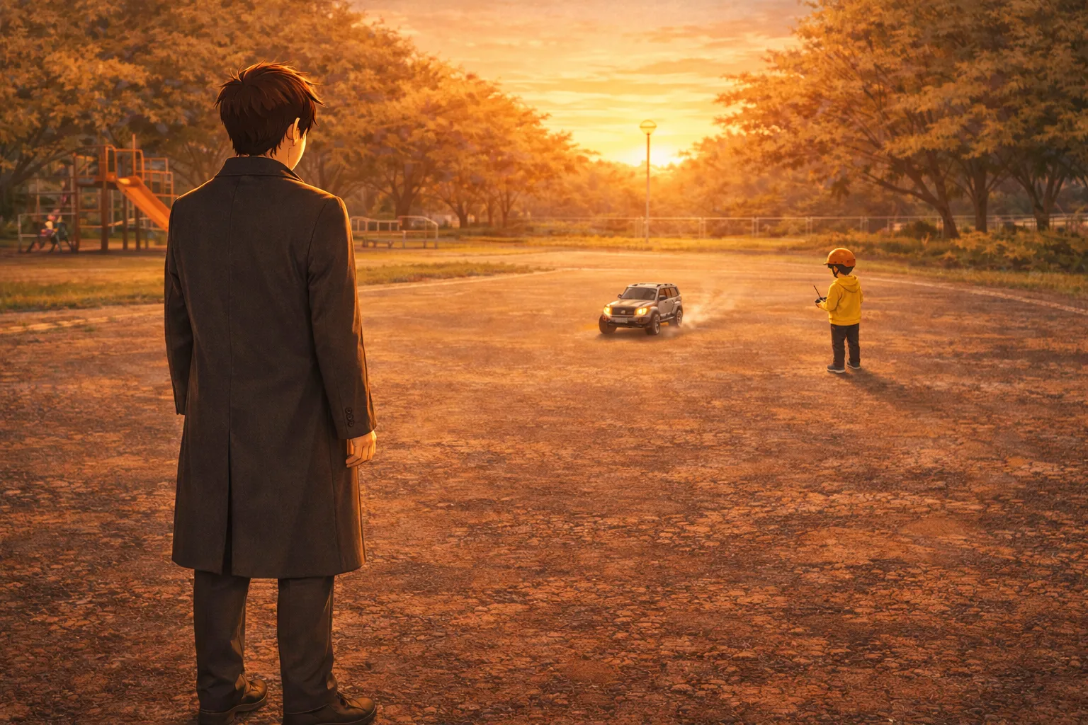 夕方の公園で父と子がラジコンを走らせている後ろ姿
