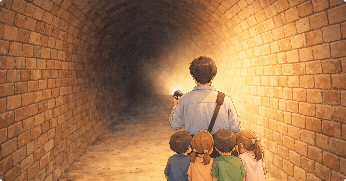 トンネルに入る先生の後ろに隠れながらついていく小学生4人の後ろ姿