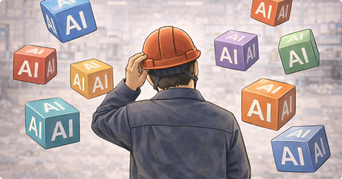 複数のAIに囲まれてどれを使うか悩む工場勤務の父のイメージ