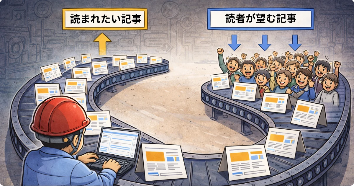 コンベア上を流れる記事が読者の多いルートと少ないルートに分岐していく様子を描いたブログのズレを表現したイラスト