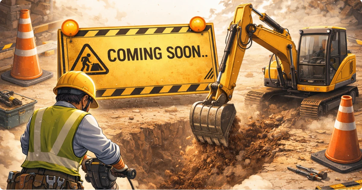 工事現場でショベルカーが掘削作業をしている様子と「COMING SOON」の看板