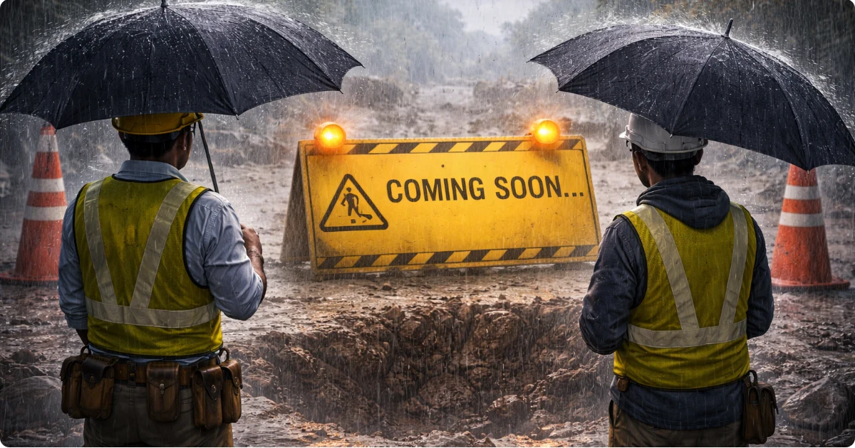 雨の工事現場で傘をさした作業員がCOMING SOONの看板を見ている様子