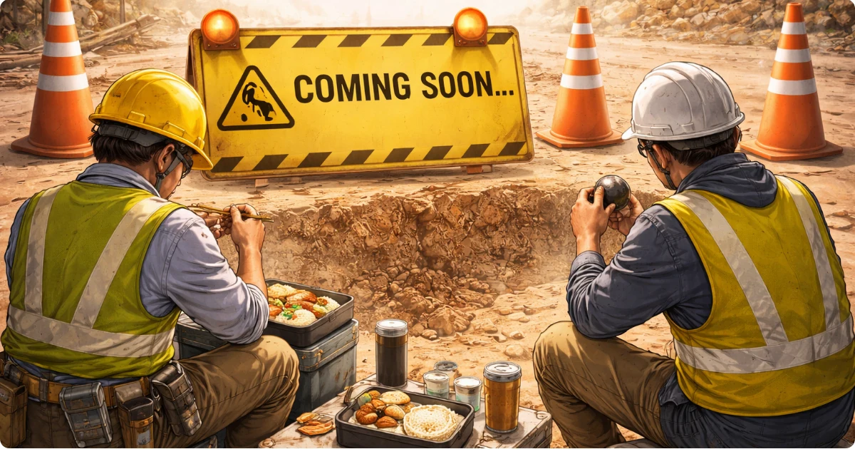 工事現場で作業員が昼休憩を取りながらCOMING SOONの看板の前にいる様子