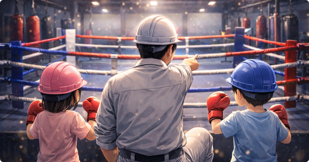 白いヘルメットの作業員がリングを指差し子ども2人が構える後ろ姿