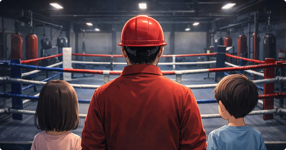 赤いヘルメットの作業員と子ども2人がボクシングリングを見つめる後ろ姿