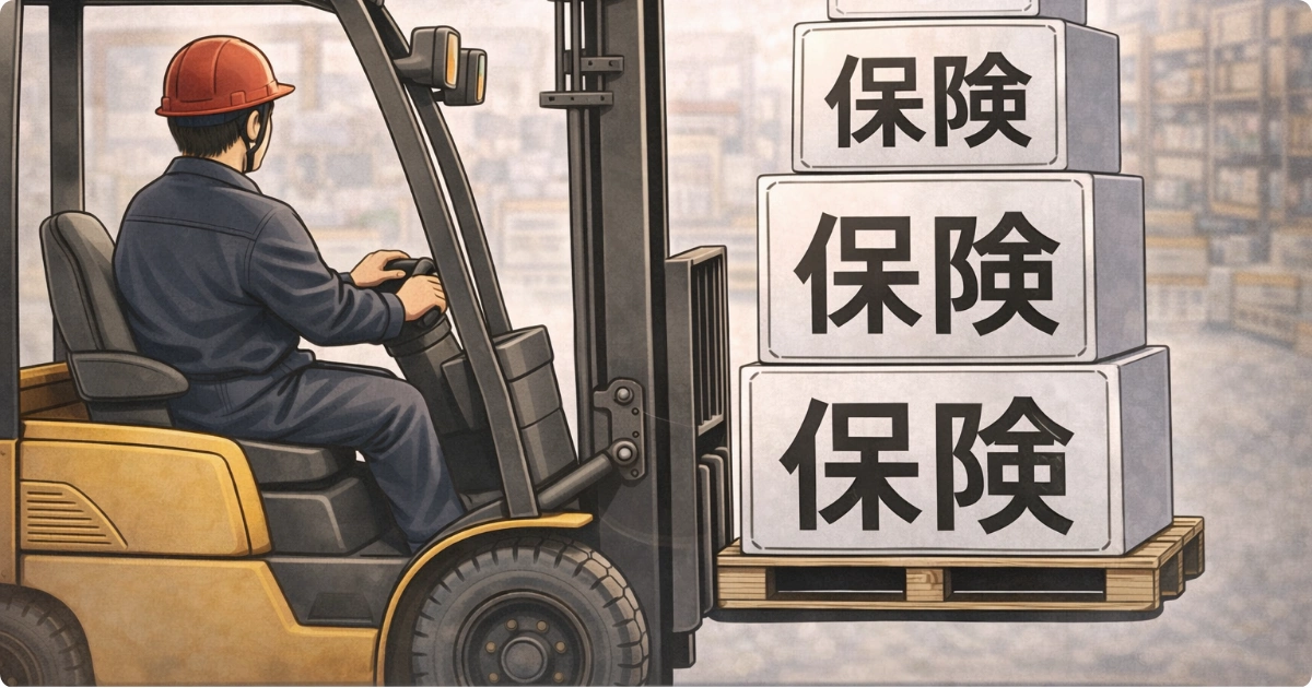 フォークリフトで大量の保険を運んでいる工場勤務の父のイメージ