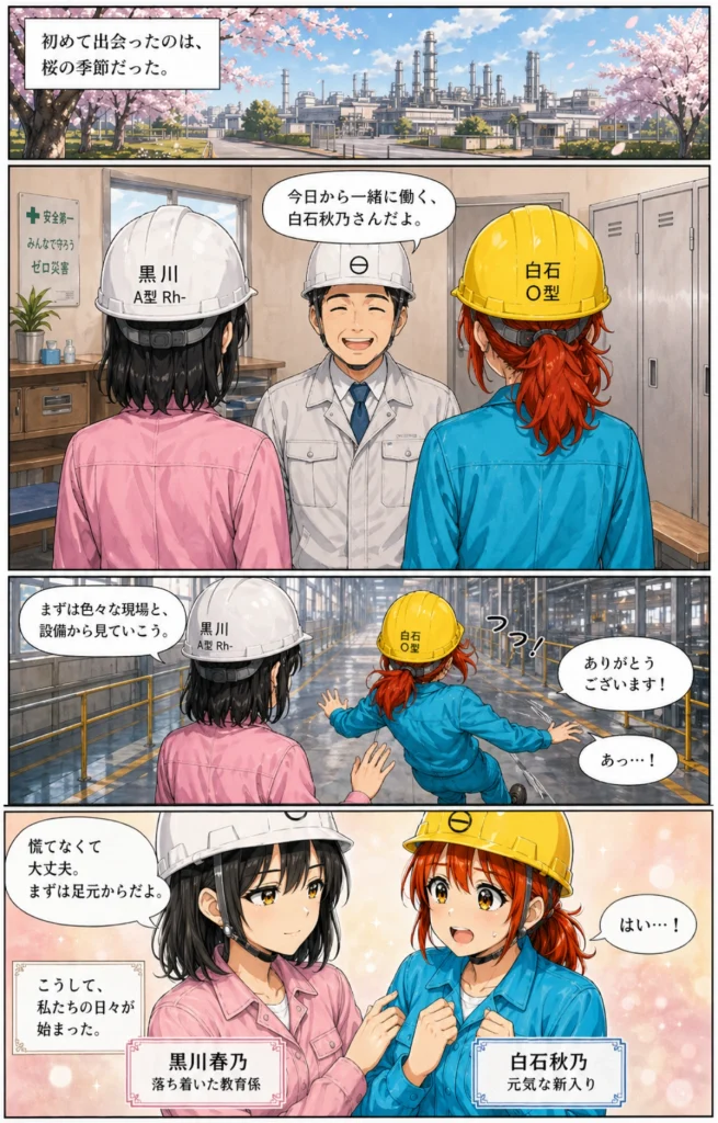 異世界工場に咲くふたり第0001話で、新人の白石秋乃が黒川春乃に現場案内される漫画