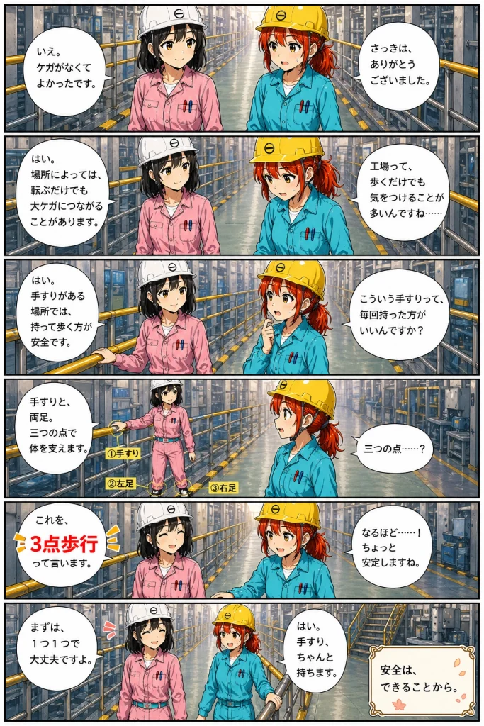 異世界工場に咲くふたり第0002話で、黒川春乃が白石秋乃に手すりを持って歩く理由を説明する漫画