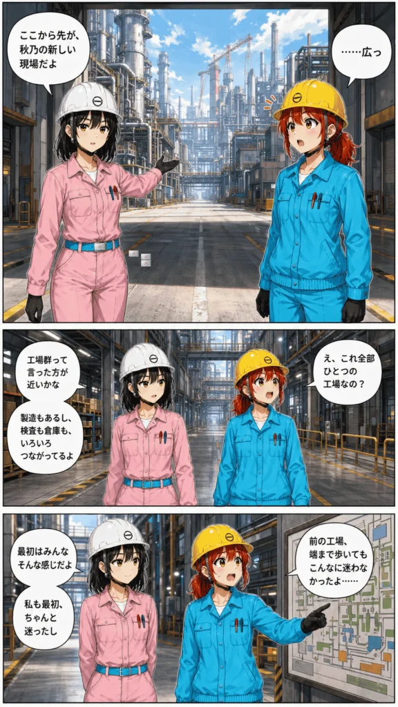 巨大工場群の入口で、黒川春乃が白石秋乃に新しい現場を案内し、秋乃が工場の広さに驚いている漫画1枚目