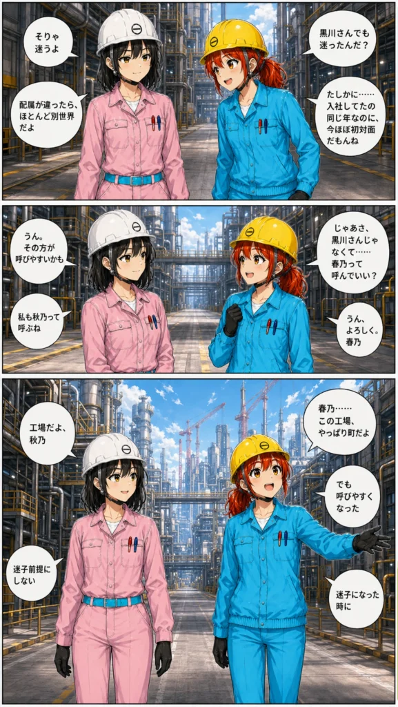 巨大工場群の通路で、黒川春乃と白石秋乃が同期として距離を縮め、春乃と秋乃の名前呼びに変わる漫画2枚目