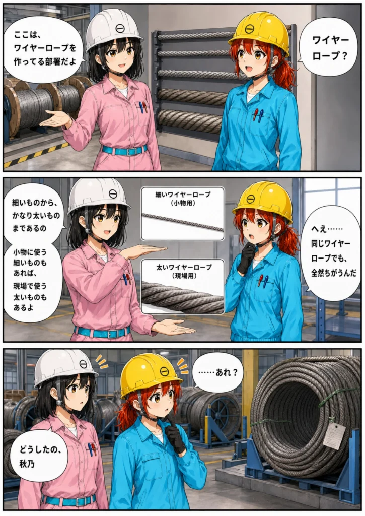 黒川春乃が白石秋乃にワイヤーロープを作っている部署を案内し、細いものから太いものまであることを説明する漫画画像