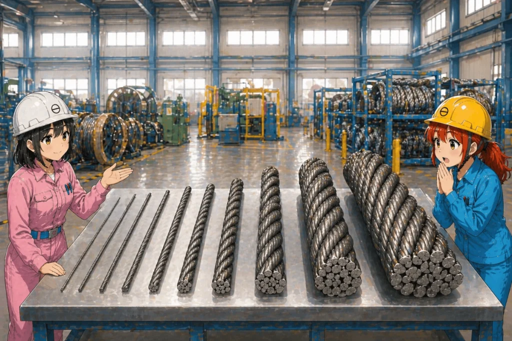 黒川春乃と白石秋乃が工場内で細いものから太いものまで並んだワイヤーロープを見ている画像