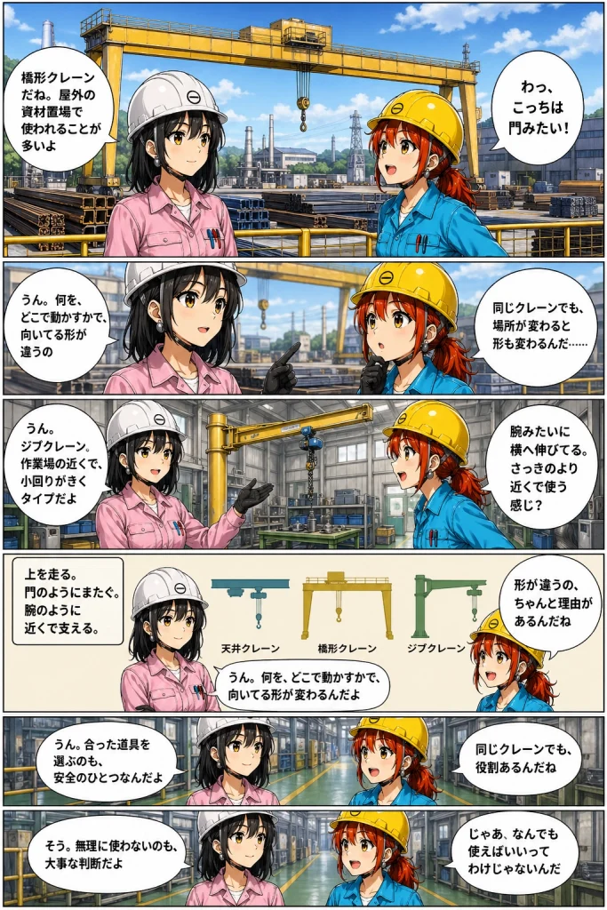 橋形クレーンとジブクレーンを見学し、クレーンにも場所や用途に合った得意な形があると学ぶ黒川春乃と白石秋乃の工場マンガ