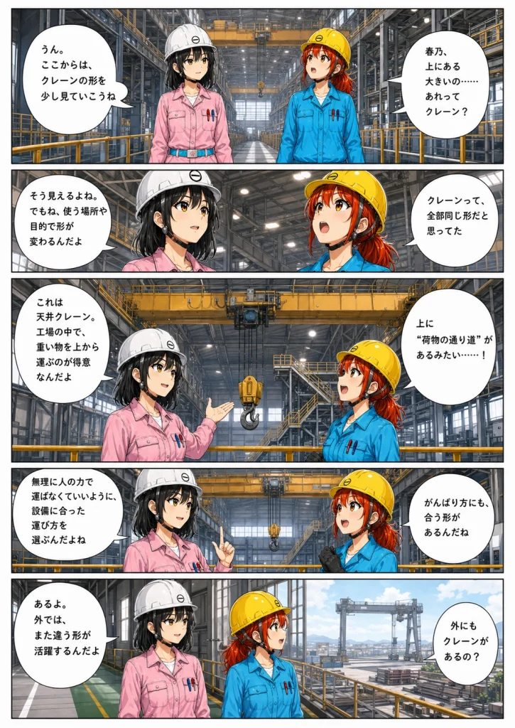 工場見学中の黒川春乃と白石秋乃が、天井クレーンの形や役割について学ぶ縦長漫画の1ページ目
