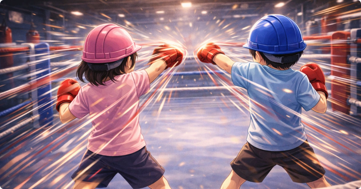 ピンクと青のヘルメットをかぶった子ども2人が、リング上で高速のシャドーボクシングをしている後ろ姿