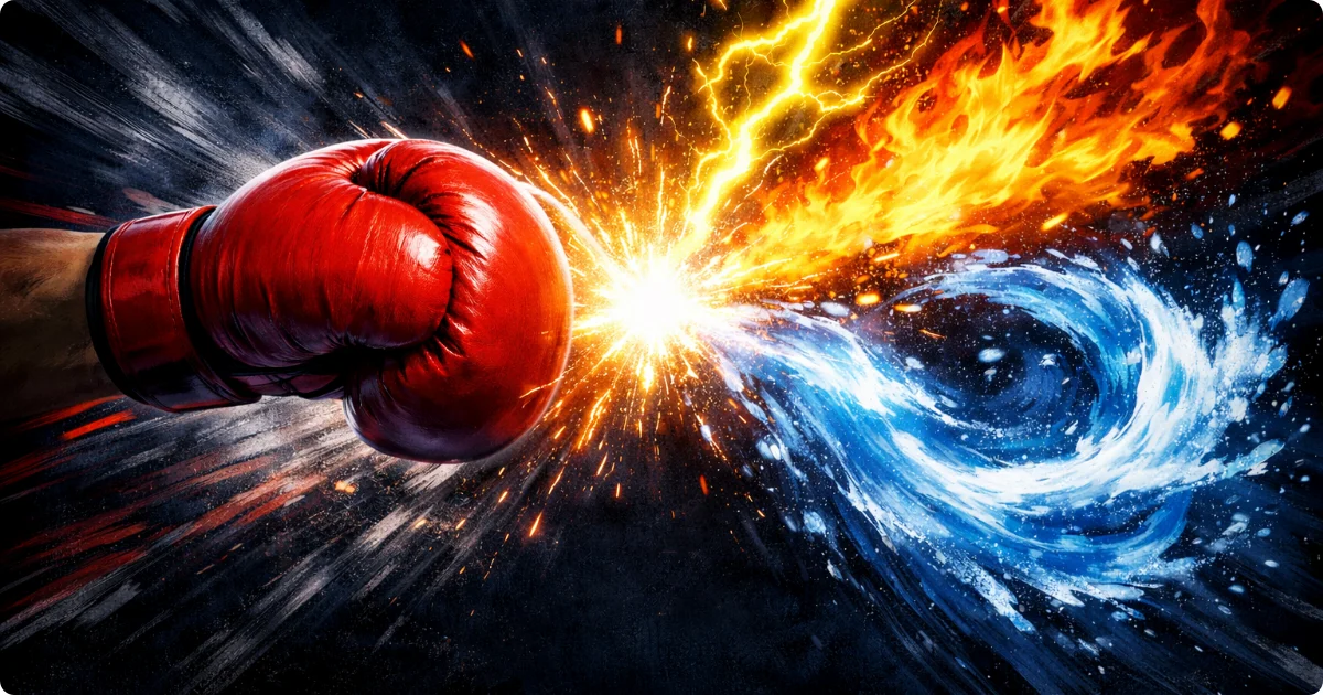 ボクシンググローブと雷・炎・水のエフェクトがぶつかる対戦イメージ