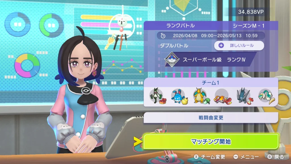 ポケモンチャンピオンズのダブルバトルでスーパーボール級ランクIVに到達した画面