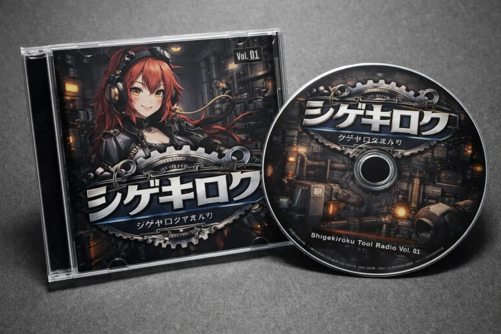 シゲキロクのロゴを入れたCDパッケージ風デザイン。女性キャラクターと工場風の背景を組み合わせたAI画像
